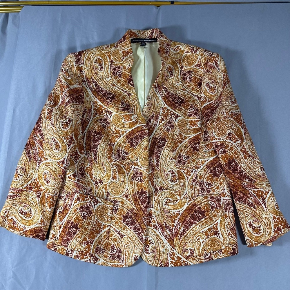Linda Allard Ellen Tracy Paisley Size 10 Silk Wool Blazer Jacket Orange Brown